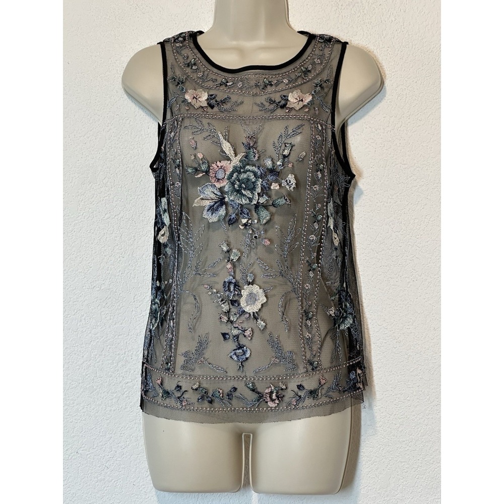 WHBM Top Womens XS Black Sheer Sleeveless Embroidered Layer Boho Festival Fairy